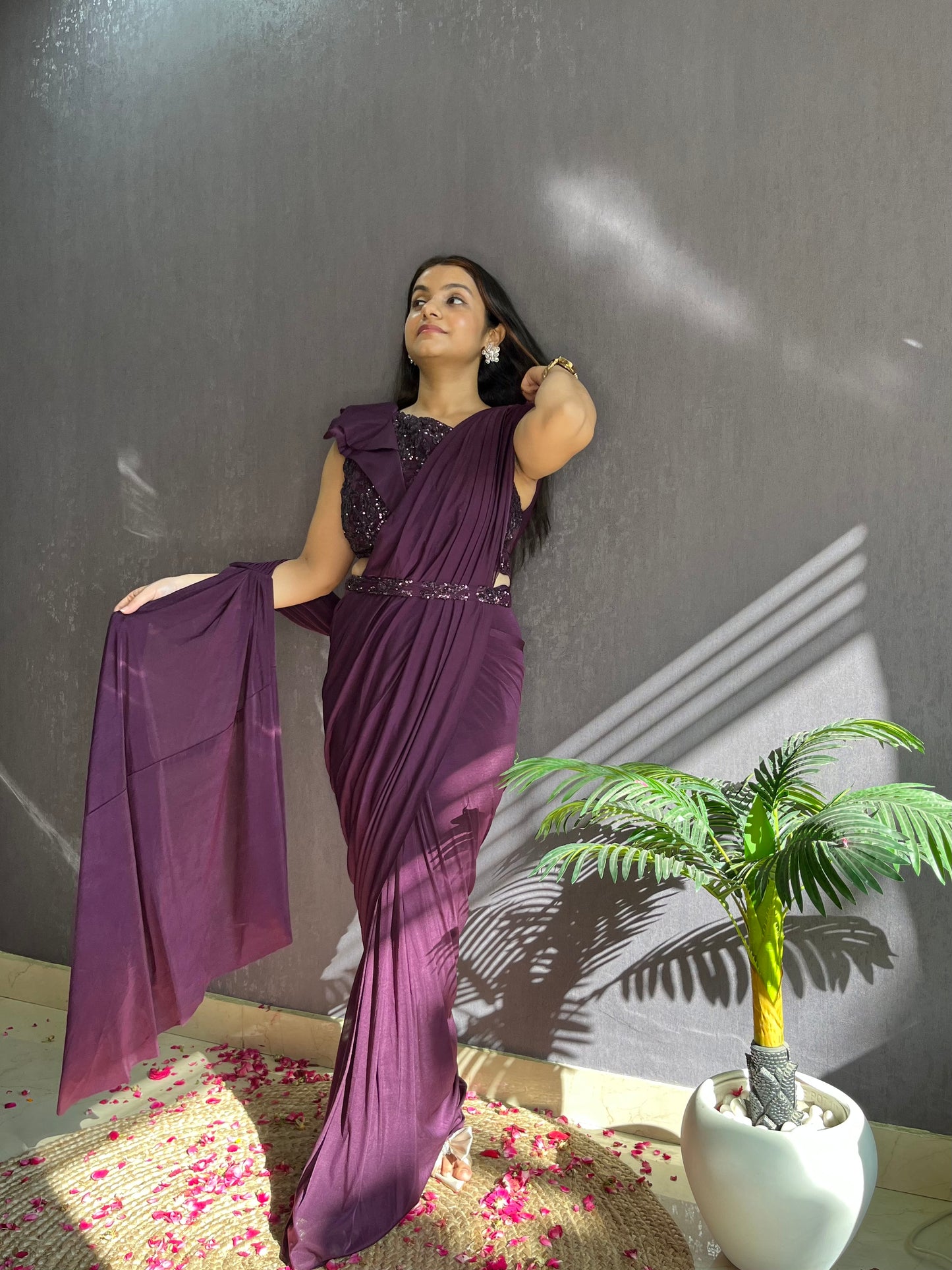 Draped wine Saree