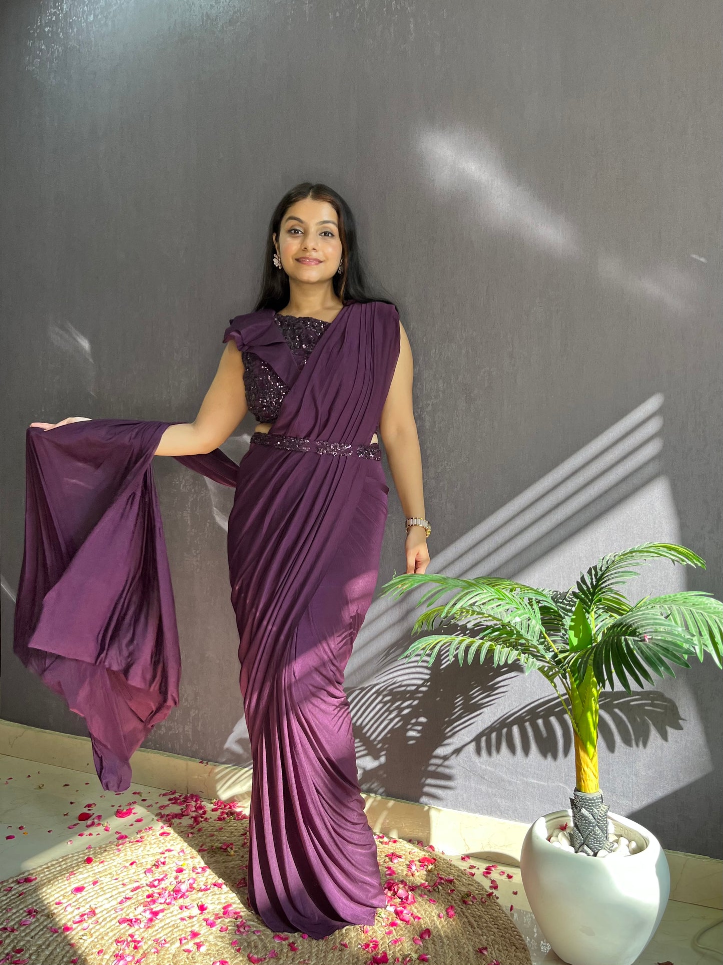 Draped wine Saree