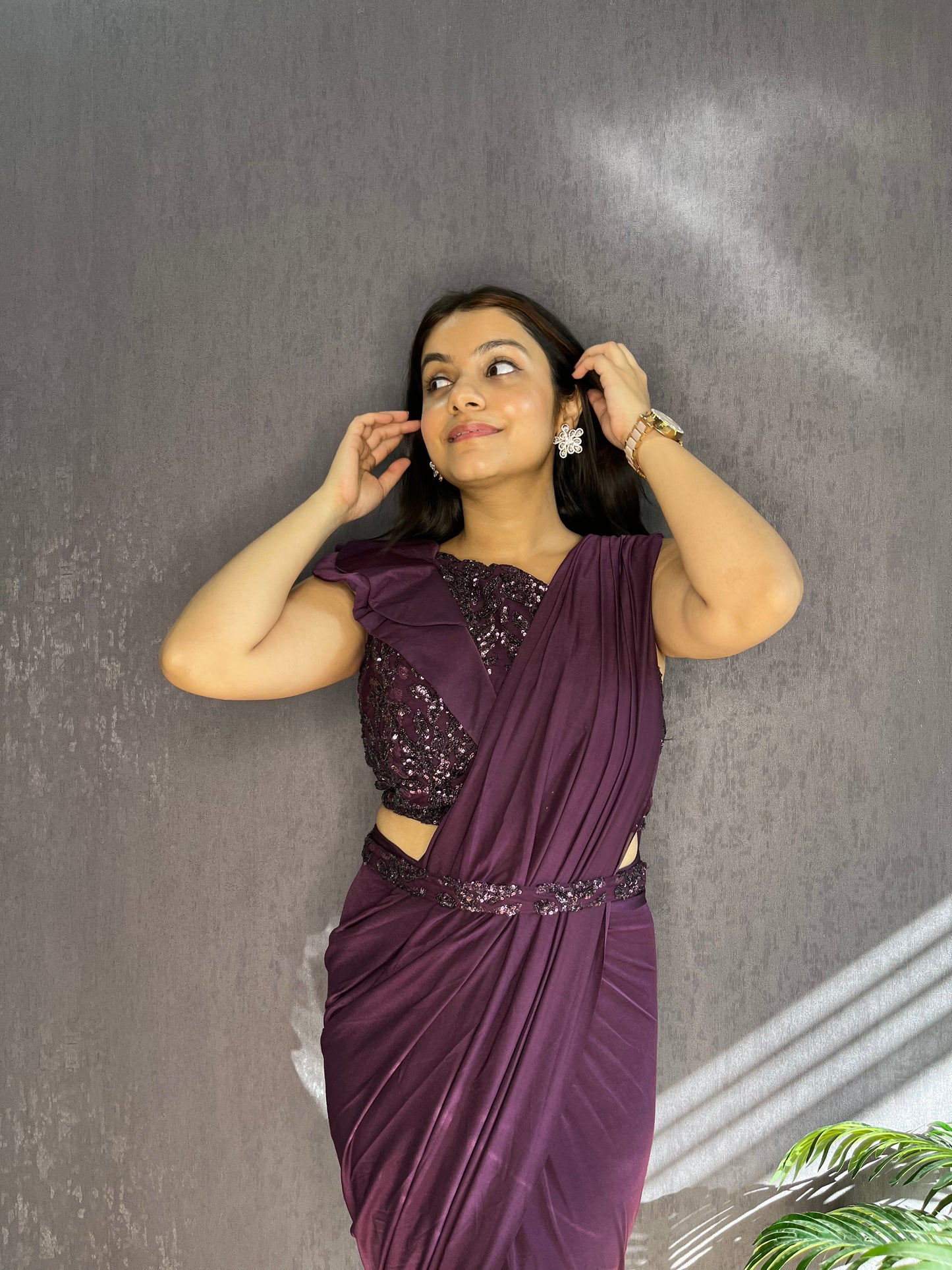 Draped wine Saree