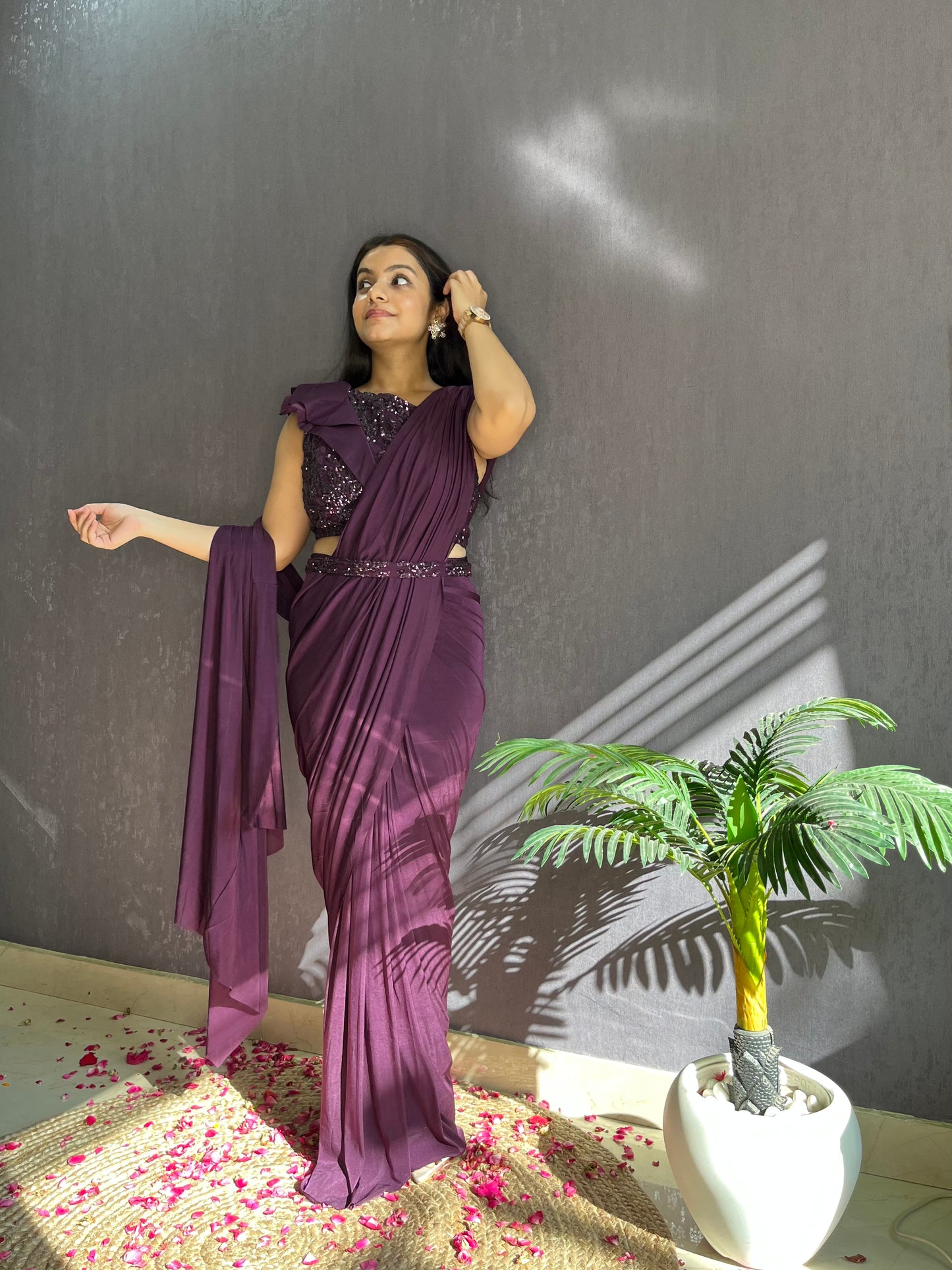 Draped wine Saree