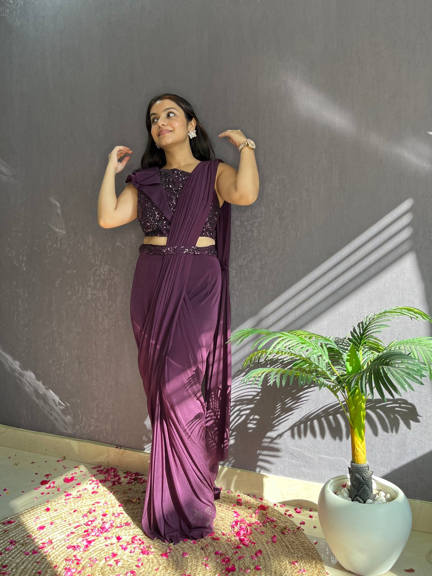 Draped wine Saree